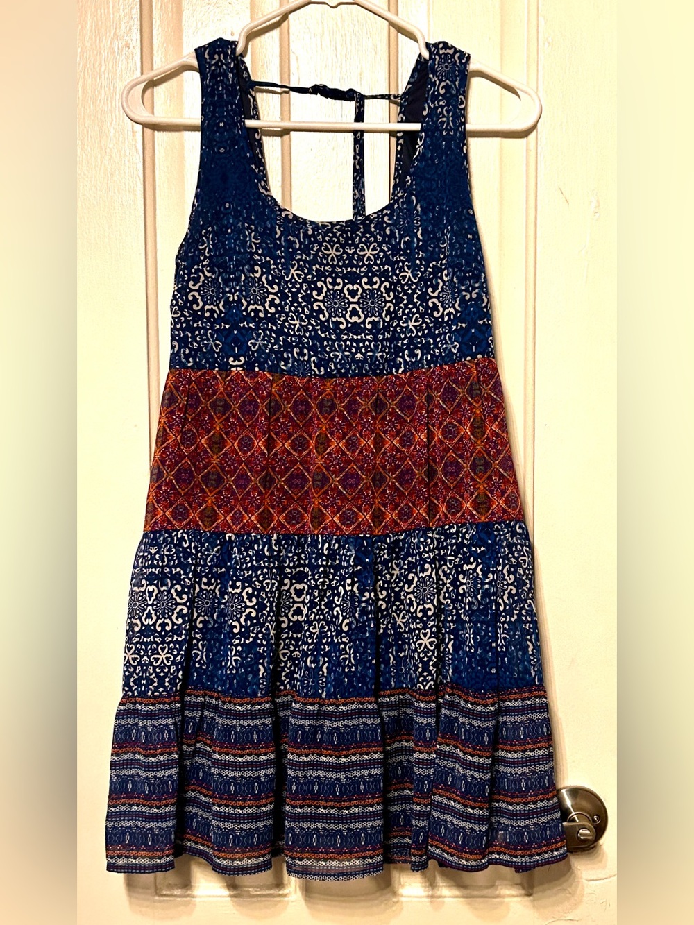 Boho Tiered Sleeveless Dress in Navy with Rust Waist Panel